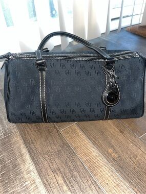 Dooney & Bourke Black Monogram Barrel Duffel with Leather Trim